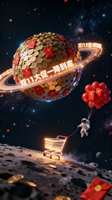 双11大促，宏大的太空场景，一个由金币和红包构成的星球，星环上是闪烁的“满100减20、满200减50、满500减200”字样，一个小小的发光购物车正驶向星球，宇航员人物在太空中漂浮，手中牵着一串红包预览效果