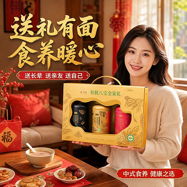 [主图-4] 美女手持礼盒场景图，居家送礼场景代入。
[统一基调] 红金中式食养风格，背景为温馨的中式家居客厅场景，红色与金色装饰点缀，主标题用粗厚书法体金色字，辅助文案用白色黑体，强调色为中国红，整体喜庆高端有质感，字体统一不混用。
[画面] 画面右侧一位年轻优雅的中国女性，25-35岁，气质温婉，黑色中长发自然垂肩，身穿米白色针织毛衣，面带微笑，双手捧着燕之坊有机八宝全家礼金色礼盒，礼盒外观与输入图完全一致。女性站在温馨的中式家居客厅中，背景有木质茶几、红色年节装饰、淡淡的暖光窗帘，营造居家送礼的温馨氛围。茶几上摆放一碗冲调好的八宝粉和几碟小点心，增加生活气息。
[光影质感] 自然暖光从侧方窗户照入，人物皮肤自然有光泽，礼盒金色包装有真实反光，场景光影柔和，人物与产品比例协调，接触自然无悬浮感，整体温暖有生活感。
[配色] 场景以暖木色和米白色为主，搭配红色年节装饰和金色礼盒，人物服装素雅，整体红金主色调贯穿，温馨喜庆。
[文字版式] 画面左上角主标题"送礼有面 食养暖心"，下方小字"送长辈 送亲友 送自己"。右下角小字"中式食养 健康之选"。文字放在画面负空间，不遮挡人物和产品主体。
[输出要求] 1:1正方形比例，2048x2048像素，人物自然美观无畸形，产品清晰完整外观准确，文字清晰可读，无变形错字，无水印无平台Logo，人物面部自然不扭曲。
