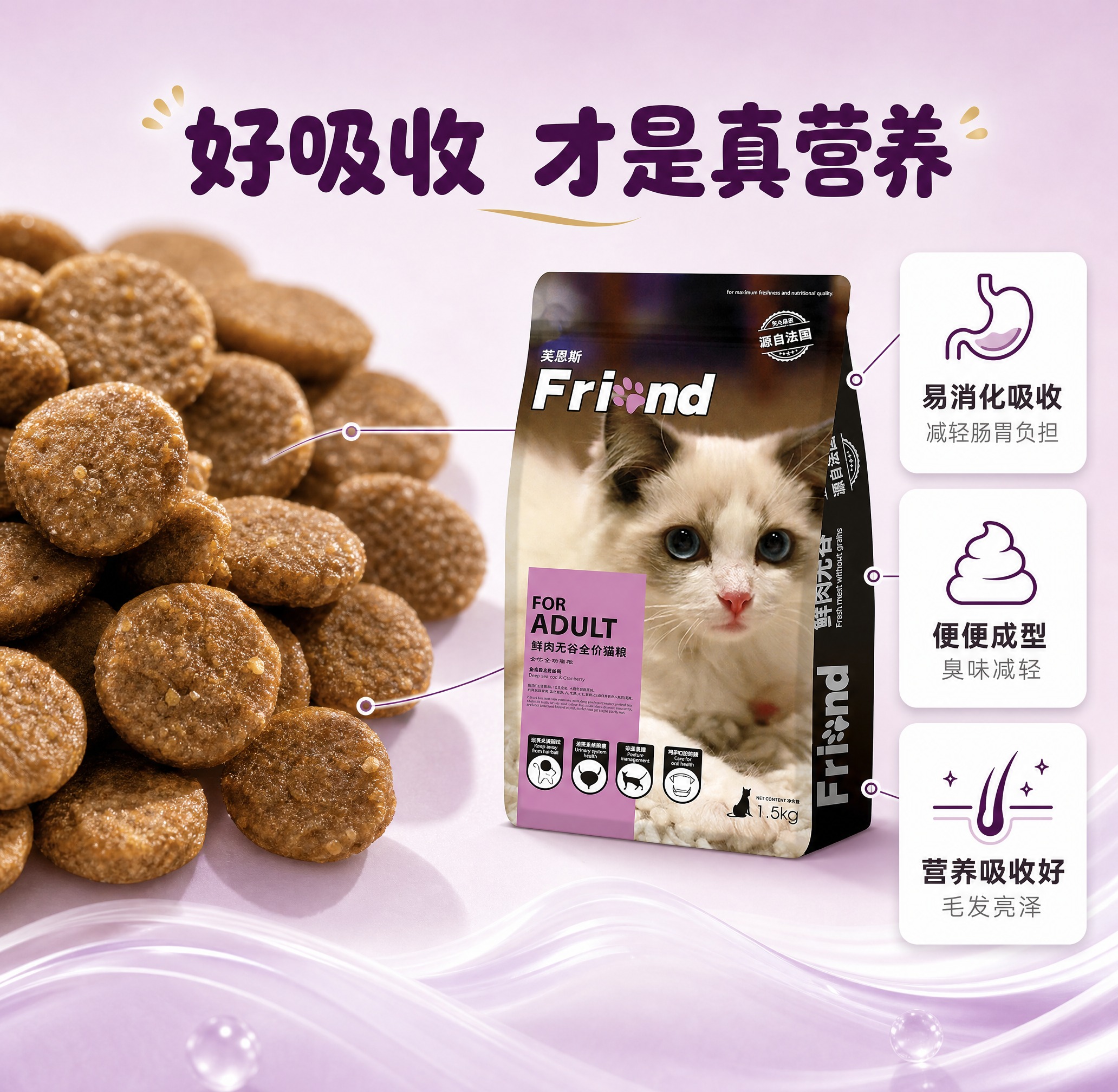 [主图-4] 消化吸收与肠胃友好图，展示猫粮颗粒细节与易消化特… - 图片创意预览