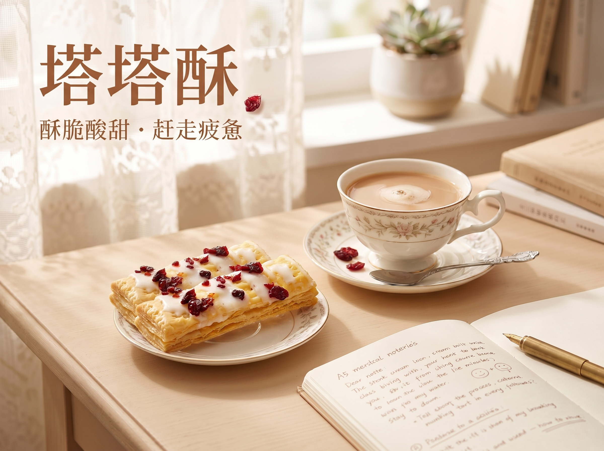 不改变原图的产品样式，将盘中的塔塔酥增加到三个，保持浅米色桌面… - 图片创意预览