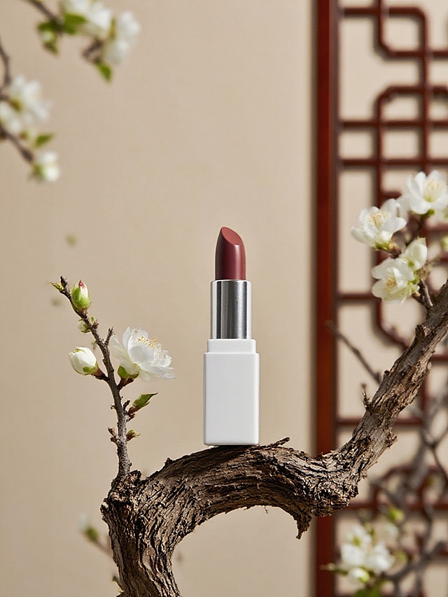 抠出主体，保留主体形状和颜色。前景是主体置于古朴枯树枝上。几朵白色山茶花点缀枯枝。后景有树枝花朵点缀，背景是杏色墙面和中式屏风花窗。景深效果。