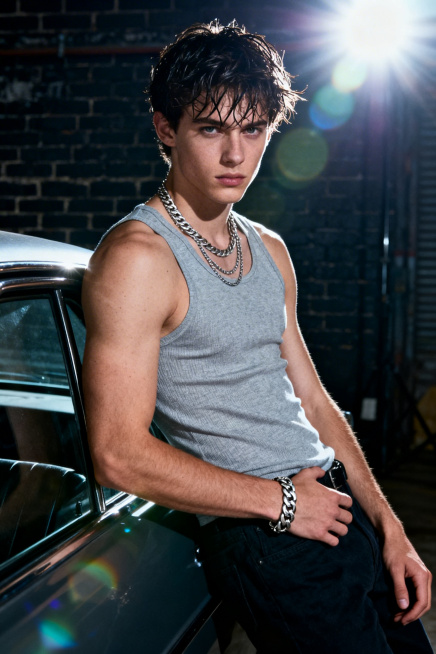 一位充满荷尔蒙张力的少年感欧美男生，深色湿发凌乱有型，眼神坚毅又带少年感，肩臂肌肉线条紧实。动作是倚靠在车窗边的随性姿态，身体微侧，一手搭在腰间，一手自然垂落，强烈的逆光光斑营造出氛围感。穿搭为浅灰色预览效果