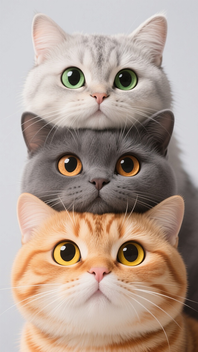 三只猫咪头部堆叠在一起的萌宠风格手机壁纸，最上方是浅灰色猫咪，有着圆圆的绿色大眼睛和柔软蓬松的毛发，中间是深灰色猫咪，圆睁着琥珀色的眼睛，表情呆萌，最下方是橘黄色条纹猫咪，睁着明亮的黄色眼睛，三只猫咪都有着大而圆润的脸庞、小巧的鼻子和清晰的胡须，整体呈现出可爱的包子脸形态，背景为简洁的浅灰色，突出猫咪们的萌态，画面聚焦于猫咪的面部特写，构图紧凑，色彩柔和，营造出温馨治愈的氛围，适合作为手机壁纸。