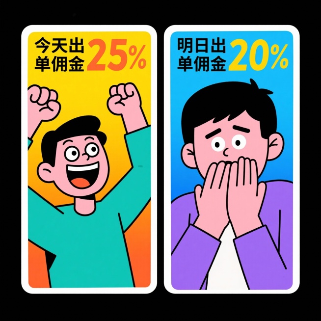 给我一个对比图片：内容是今天出单佣金25%，明日出单佣金20%。一个激动一个震惊预览效果
