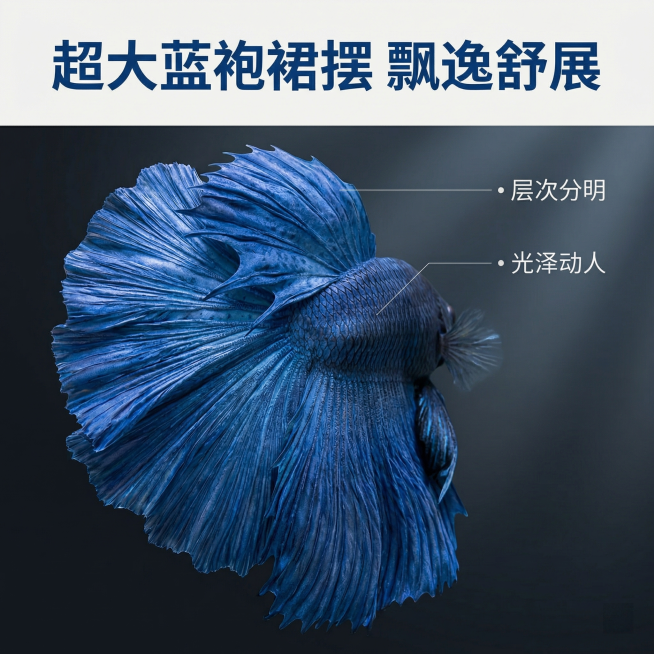 [主图 2] 核心亮点展示
[主图主题] 超大蓝袍鱼尾细节展示
[氛围/风格] 专业水族细节摄影，高清质感
[画面元素] 参考图中泰国斗鱼的蓝色大裙摆鱼尾做特写展示，保持鱼尾纹理和颜色与原图完全一致，预览效果