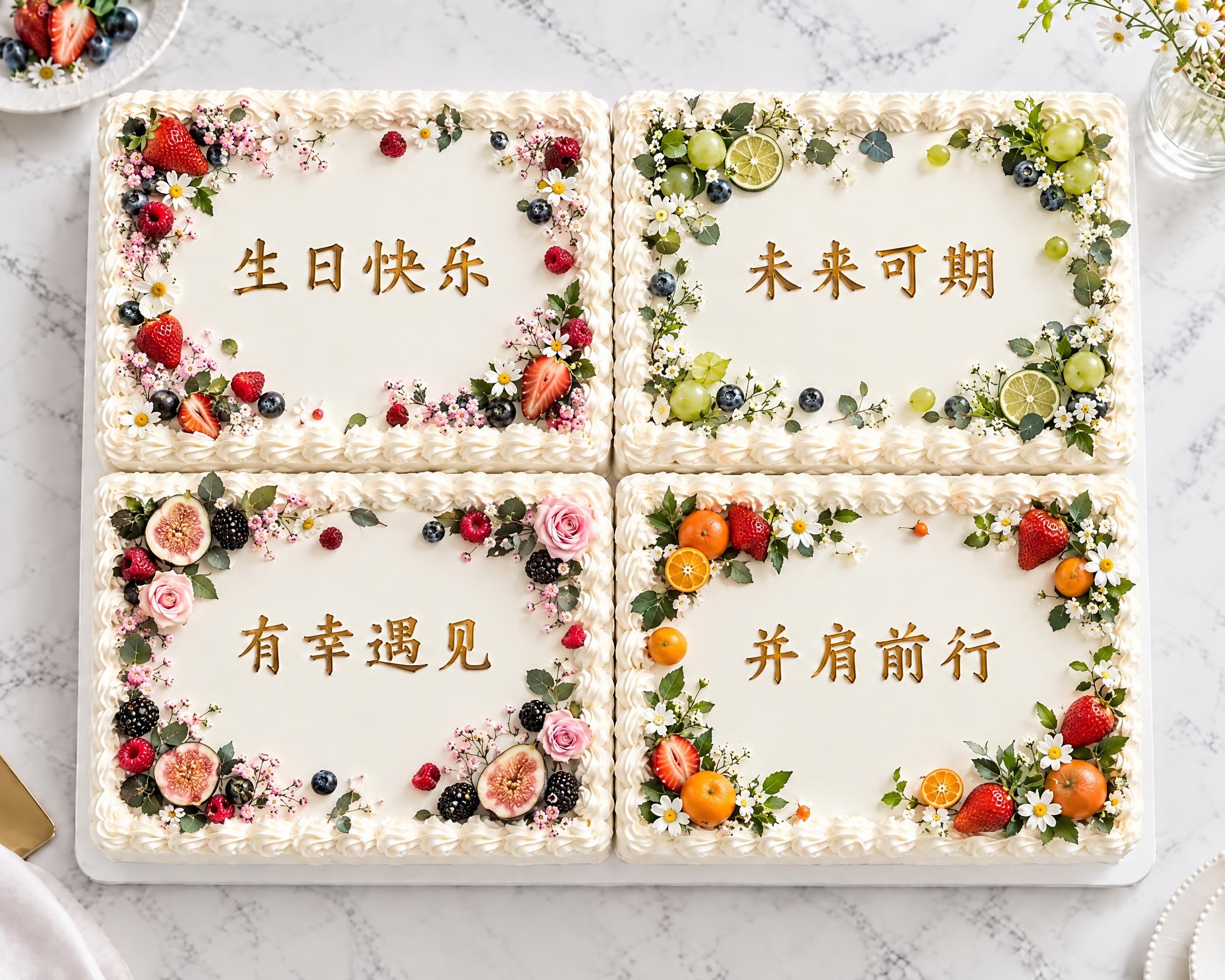 参考图中四块纯白色长方形蛋糕的排列和文字，调整四周水果鲜花的排… - 图片创意预览
