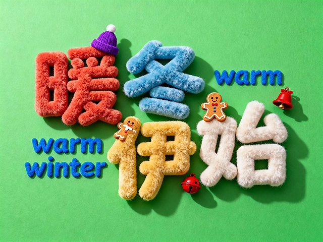 毛绒质感3D字体搭配圣诞元素，软萌可爱，温暖冬日主题，拼贴风设计，节日氛围浓厚。