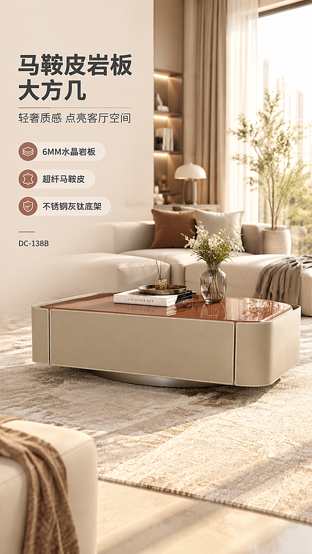 [商品] 使用【图1】DC-138B马鞍皮大方几；保留方形结构、浅卡其马鞍皮柜体、棕红色岩板台面、圆角设计、缝线细节、底部不锈钢底座的整体比例和颜色材质；商品处理：增强岩板台面通透质感、马鞍皮细腻纹理、缝线精致度和不锈钢拉丝金属光泽，不改变结构和颜色。
[画面] 目标：整屋客厅轻奢场景头图，展示大方几全貌与空间氛围。左文右景版式，左侧约1/3竖列文案区，右侧2/3为现代轻奢客厅大场景，大方几置于画面中心偏右，产品占画面约55%。前景地毯、中景大方几搭配软装（书籍、花艺、托盘）、后景虚化的沙发与落地窗，午后暖自然光从右侧洒入，营造高级明亮的居家氛围。
[视觉] 套系策略：风格=现代轻奢高级商业摄影；标题字=现代无衬线粗体（思源黑体Heavy）；正文字=简洁无衬线体（思源黑体Regular）；主色=暖米白+浅卡其；背景延展=基于暖米白做深浅层级、同色渐变和细腻哑光质感；强调色=岩板棕红，仅用于小面积图标、引线和标签；标题色=深炭灰；正文色=中暖灰；组件=圆角浅底信息卡、细线引线、极简icon；光影=右前侧暖柔光，柔和阴影，整体明亮通透。
[文字] 左侧竖列文案区：主标题「马鞍皮岩板大方几」（8字），副标题「轻奢质感 点亮客厅空间」（10字），下方3条亮点胶囊：「6MM水晶岩板」「超纤马鞍皮」「不锈钢灰钛底架」，底部小字标注型号「DC-138B」。文字不遮挡产品主体。
[规格] 图片比例9:16竖版，4K分辨率，淘宝/天猫适配，中文文案，避免变形、错字、文字过小、冷蓝/冷灰背景、产品颜色改变、结构失真、极限词。