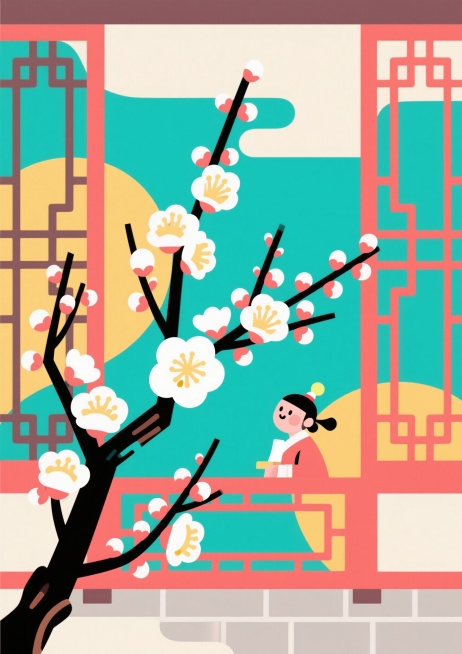以梅花为主题的新中式配色扁平风插画，简约干净的线条和色块，中国风传统梅花主题预览效果