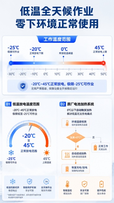 [第6屏] 低温性能实测，展示全天候作业能力与电池加热系统优势。
[氛围/风格] 功能说明风，冷调科技背景，清晰原理示意，直观易懂。
[元素布局] 顶部主标题，上半部分放置工作温度范围示意图，下半部分预览效果