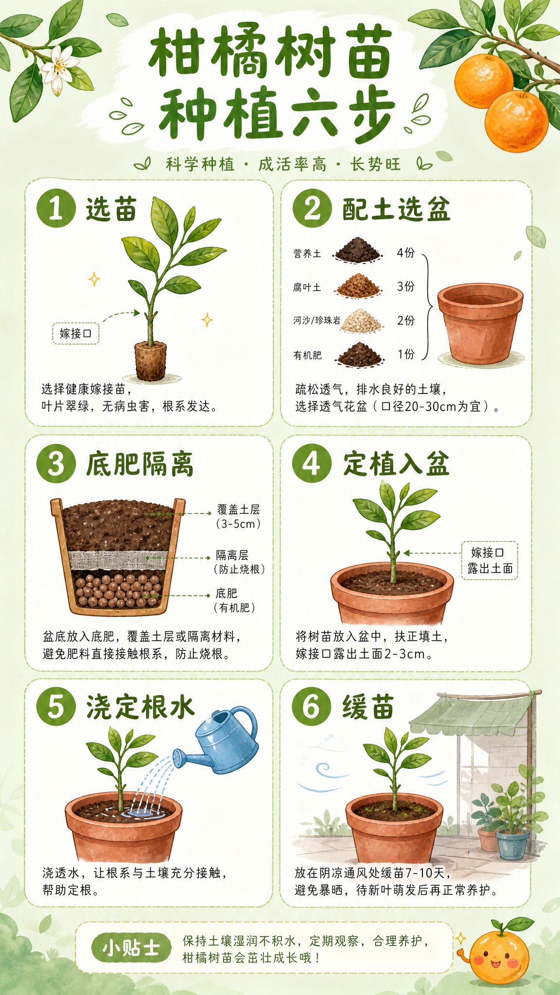 柑橘树苗种植六步手卡，清新手绘插画风格，竖版布局，分六个步骤用… - 图片创意预览