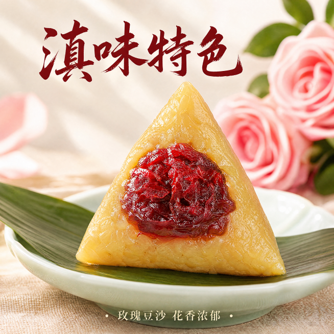 [主图-3] 滇味特色鲜花豆沙粽子细节展示，突出风味差异化。
[氛围风格] 清新雅致古风，突出玫瑰馅料诱人色泽，氛围感满满。
[画质] 商业高清摄影，自然柔光照，花瓣纹理清晰，豆沙细腻诱人，真实质感。预览效果