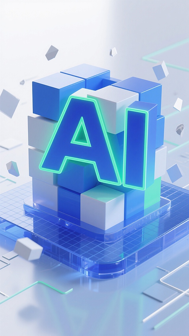 3D立体风格的AI主题插画，以蓝色为主色调，搭配白色和绿色的渐变光影效果，画面中央是由几何块面堆叠而成的立体“AI”字母，字母边缘有发光的绿色线条勾勒，底部是带有网格纹理的透明蓝色平台，周围环绕着悬浮的白色几何碎片和线条，整体呈现出科技感、未来感和数字化的氛围，背景为简洁的白色，光线从上方照射，形成柔和的阴影和高光，营造出轻盈、通透的视觉效果。