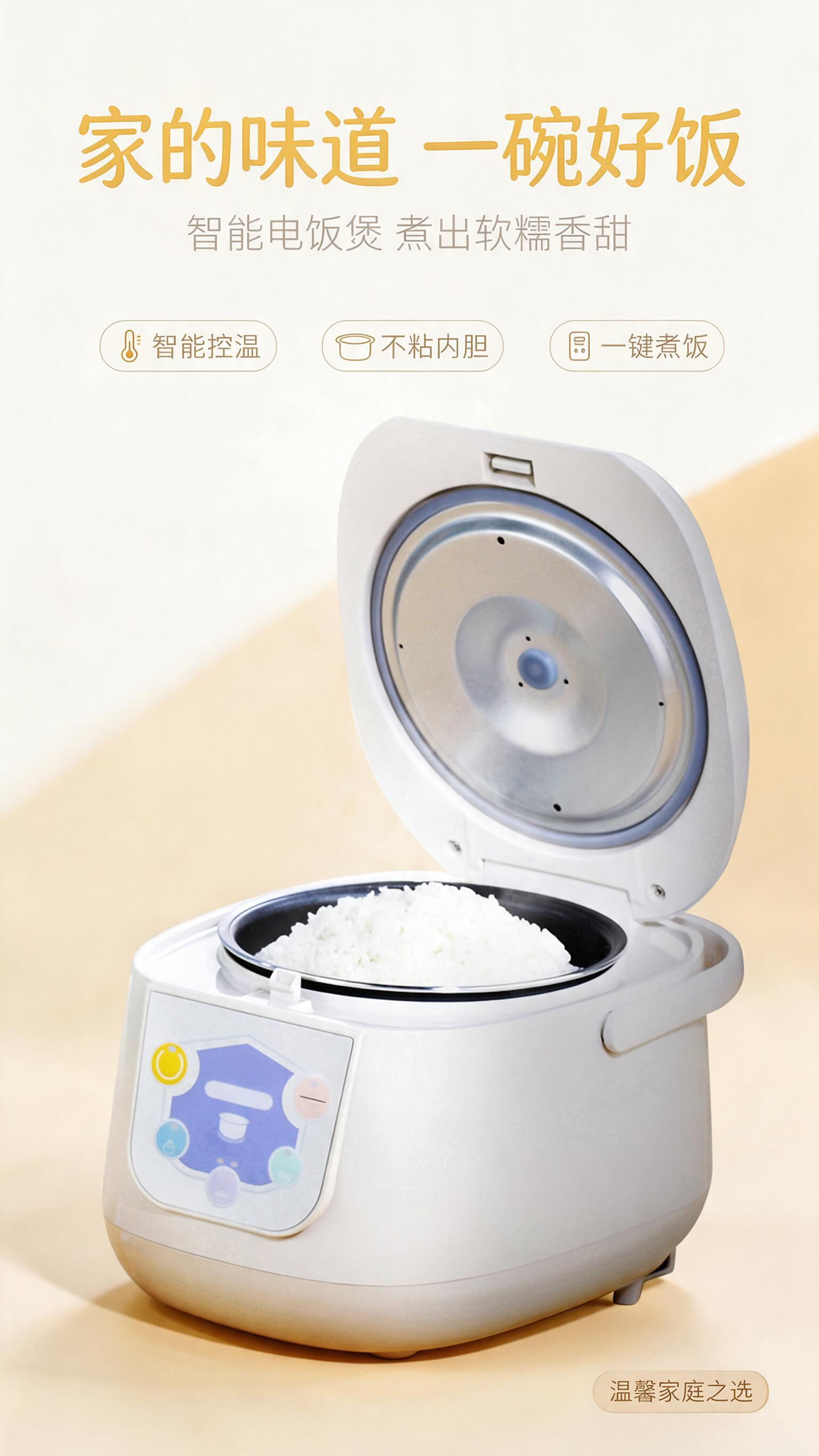 电饭煲电商海报，温馨家庭氛围，简单主色与浅色调。画面主体为白色… - 图片创意预览
