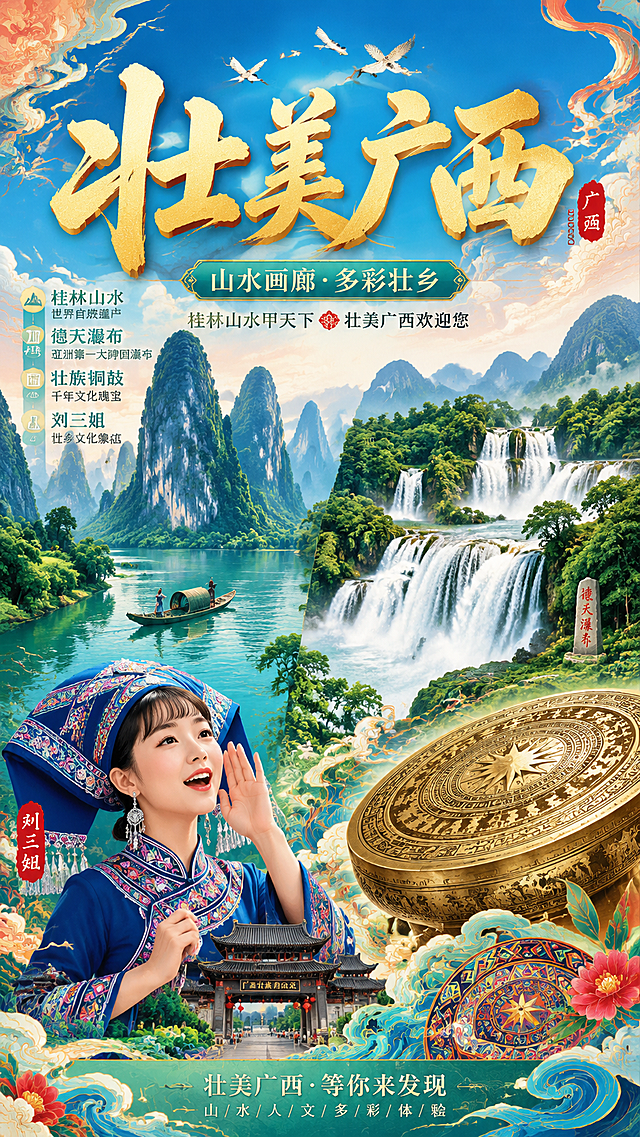 广西文旅推广海报，具有广西特色，包含桂林山水、德天瀑布、壮族铜鼓、刘三姐形象元素，国潮风格，标题"壮美广西"，色彩鲜艳，旅游宣传海报