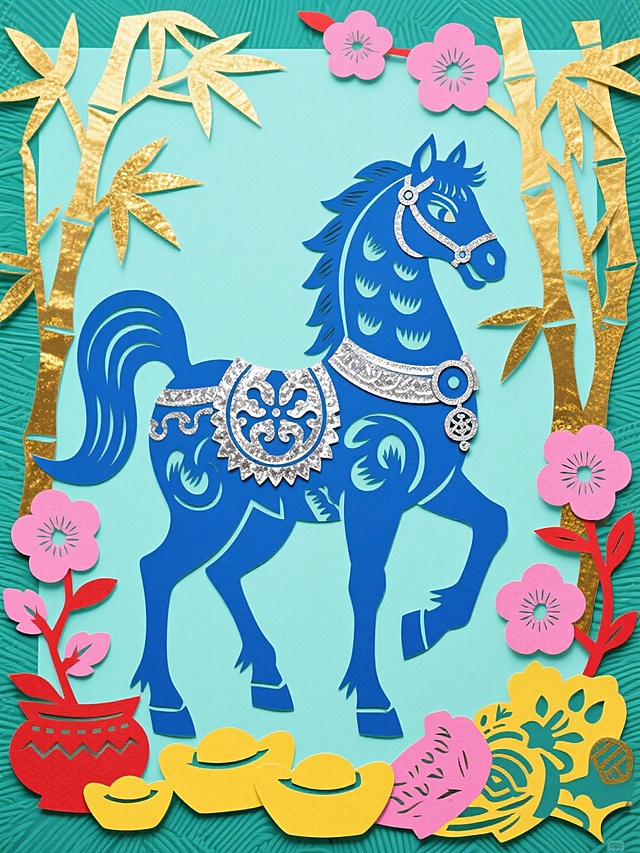 主体是浅青骏马（装饰宝蓝纹样、盘扣配饰，点缀银箔质感），周围环绕金竹、海棠、元宝、年画等吉祥元素，背景为湖绿色纹理，配色浓烈鲜艳（浅青、宝蓝、湖绿、银等），风格喜庆华贵、充满传统吉祥寓意