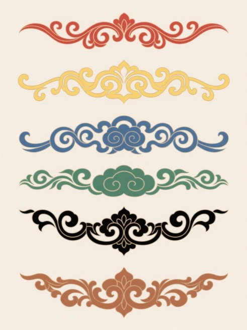 六个不同配色、完全不同样式的国风花边元素，浅色背景，规律排列，每个花边均为中国传统纹样风格，线条流畅优美，包含卷草纹、如意纹、祥云纹等经典元素，色彩分别为朱红、明黄、靛蓝、翠绿、墨黑、赭石，整体呈现出典雅庄重的东方美学韵味，适合用于传统服饰、古籍装帧或中式装饰设计。预览效果
