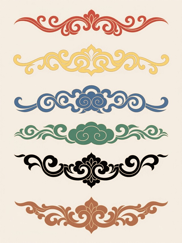 六个不同配色、完全不同样式的国风花边元素，浅色背景，规律排列，每个花边均为中国传统纹样风格，线条流畅优美，包含卷草纹、如意纹、祥云纹等经典元素，色彩分别为朱红、明黄、靛蓝、翠绿、墨黑、赭石，整体呈现出典雅庄重的东方美学韵味，适合用于传统服饰、古籍装帧或中式装饰设计。