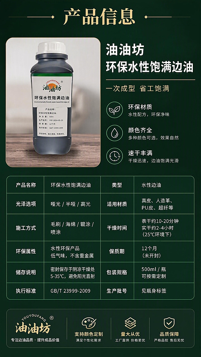 [第8张] 详情页产品信息规格参数-产品标准照+参数信息卡。本张使用【图1】作为产品标准照主体。
[氛围/风格] 专业参数页风，深绿底色，信息规整清晰，工业专业感，商业摄影质感。
[元素布局] 上半部分左侧放置边油瓶产品标准照，占比约45%，右侧为产品名称和核心参数摘要；下半部分为详细参数信息表格，分栏排列产品各项规格；底部有品牌和服务保障信息条。
[光影质感] 产品正面柔光照明，清晰展示瓶身和标签；信息区光线均匀，文字锐利可读；整体干净专业。
[配色色系] 全局底色 #1E2D1E 深墨绿；主色深绿、白色；辅助色浅绿表格线、金色标题高亮、深灰背景分区。
[视角构图] 正面平视，上下分层布局，上半产品+名称，下半参数表；阅读动线顶部标题 → 产品图 → 参数表 → 底部保障。
[文字版式] 版式为顶标题 + 上半产品+简介 + 下半参数表。顶部主标题「产品信息」；产品右侧大字「油油坊 环保水性饱满边油」，下方小字「一次成型 省工饱满」；下半参数表分左右两列，左列项目右列内容：产品名称、类型、光泽选项、适用材质、施工方式、环保属性、储存说明等，表格线用浅绿细线；底部信息条标注「支持颜色定制 量大从优 品质保障」。
[比例分辨率] 9:16 竖版比例，4K 分辨率，文字清晰可辨，高清画质。
[负向提示词] 产品变形，标签文字错乱，颜色偏差，水印，文字过小，表格不清晰，排版拥挤。