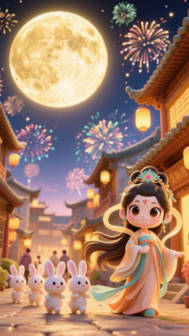 画面呈现金色调：画面上部硕大的满月，月光光辉照亮下边，在右下角，嫦娥（看起来可爱又漂亮，大眼睛，衣服飘飘，长头发，精致的头饰）边上跟着一群错落有致的拟人化兔子，走在古色古香的城镇中，天空有烟花，预览效果