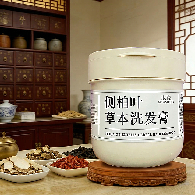 去除图片中的所有文字、图标和装饰标签，仅保留侧柏叶草本洗发膏产品，将产品放置在画面正中间，保留原中式古风背景