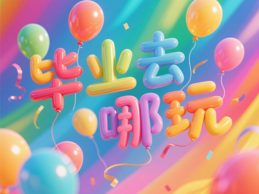 “毕业去哪玩”由气球构成，笔画错乱排版，背景彩色，整体画面活泼预览效果