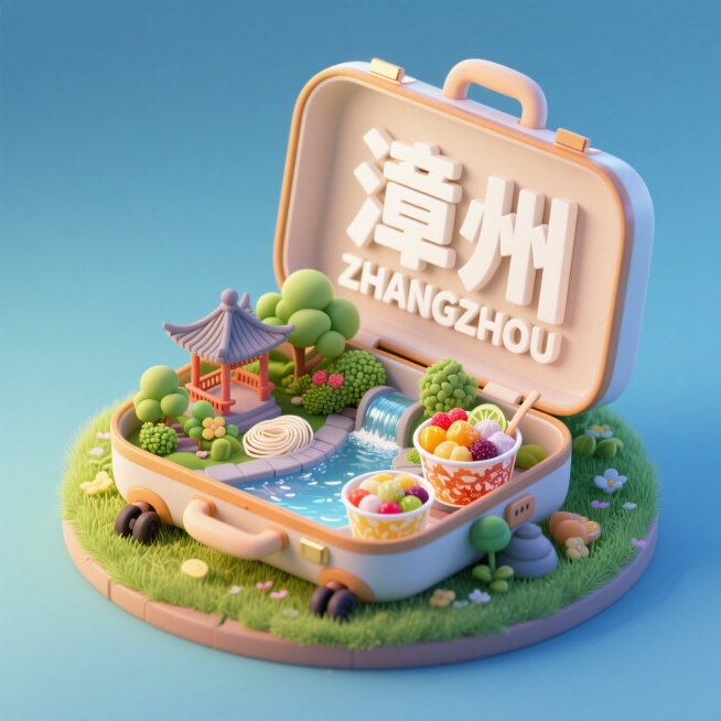 俯视图，一个打开的行李箱，行李箱内侧盖子写着“漳州ZHANGZHOU”，行李箱体里是九龙公园、九龙江、豆花粉丝、四果汤等的3d微缩景观，行李箱被放在草地上预览效果