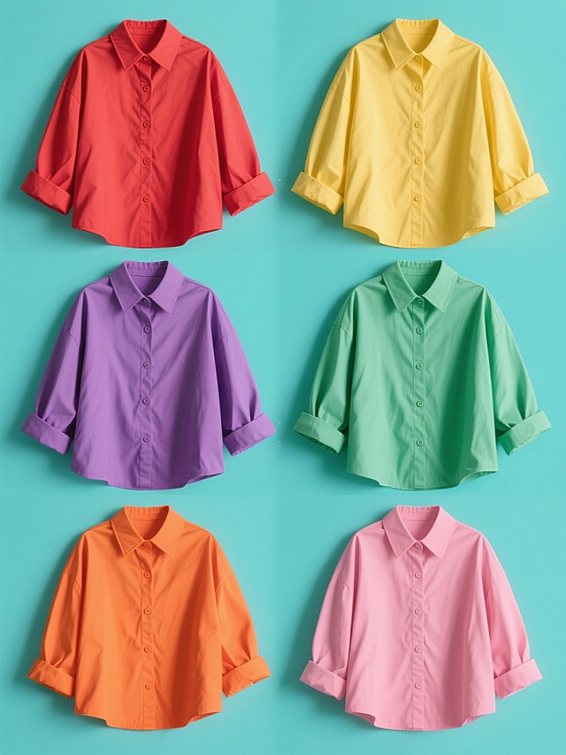 6个不同配色的系列衬衫素材集合，每个均为相同的简约宽松版型翻领衬衫，保持原衬衫的褶皱细节、纽扣设计和悬垂感，分别采用纯红色、纯黄色、纯绿色、纯紫色、纯橙色、纯粉色作为各自的纯色背景与衬衫主色调，所有衬衫图像等大规整排布，保持一致的正面平铺视角和柔和均匀的光影效果，整体呈现简洁统一的电商服装展示风格。