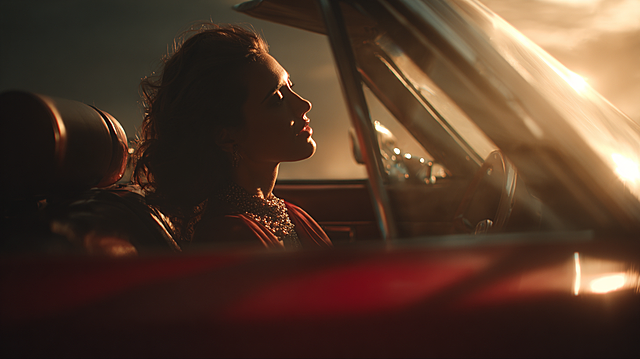 Luxury perfume advertisement storyboard, third shot: lens pushes into the interior of red convertible, elegant woman sitting in driver seat, warm golden sunset light pouring through window, soft leather interior, comfortable and luxurious atmosphere, cinematic shot transition