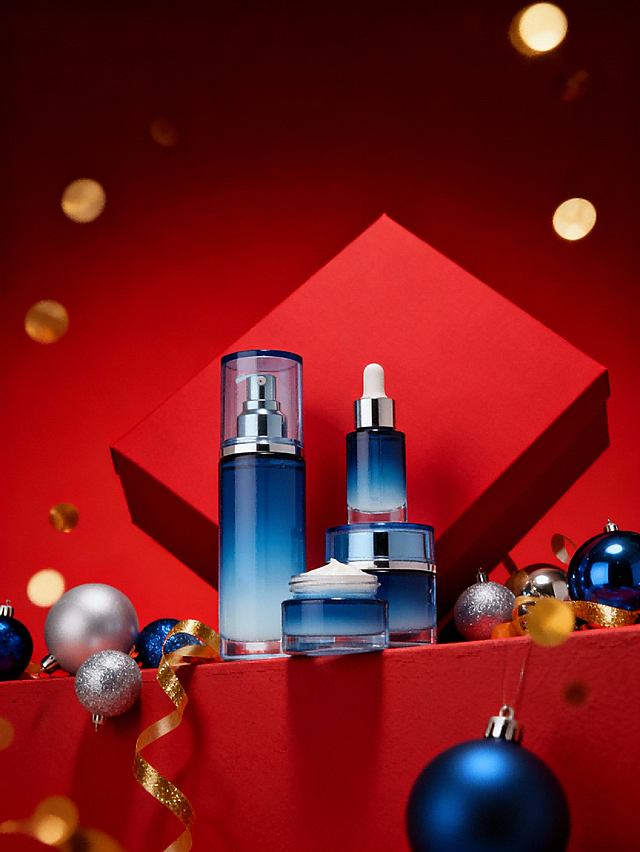 仰视角度拍摄的主体陈列在红色墙壁顶端的特写，整体偏下。背景是红色哑光礼盒呈倾斜放置在主体背后，突出商品质感。周围点缀银色和产品颜色的圣诞球，金色彩带装饰，飘落点点金色圆形亮片（虚化效果，闪闪发亮），背景为暗红色到红色的上下渐变。