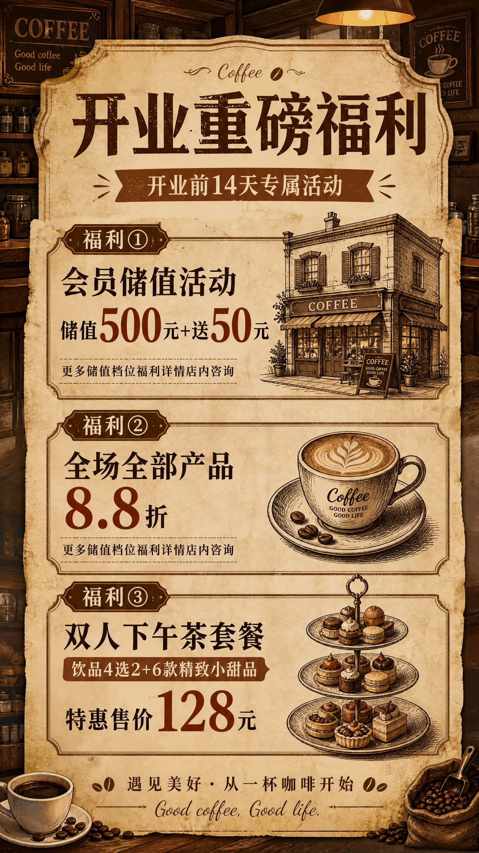 复古咖啡店开业重磅福利海报，从上到下三个福利框： 福利①：会员… - 图片创意预览