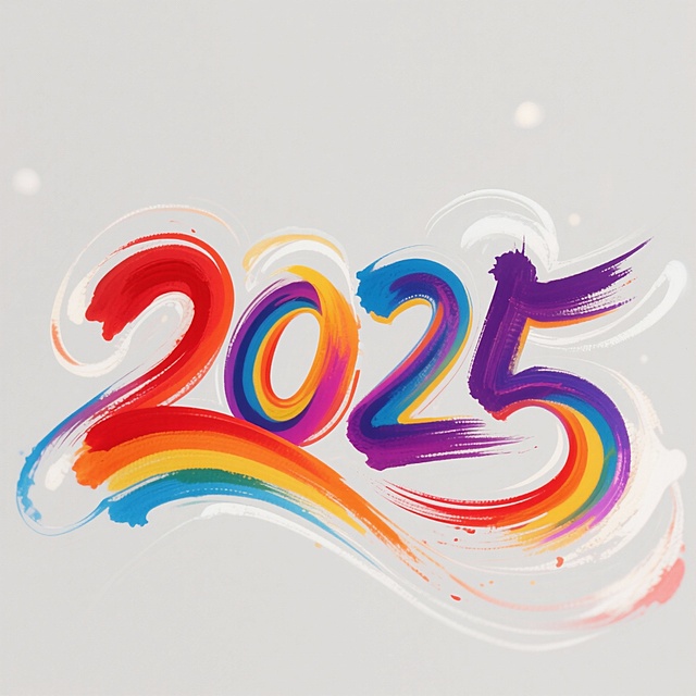 数字艺术风格的“2025”艺术字设计，采用鲜艳流动的彩虹渐变色彩，主要包含红色、橙色、黄色、蓝色和紫色，笔触呈现出富有动感的水彩般透明晕染效果，边缘带有柔和的白色高光和朦胧的虚化处理，整体构图居中，数字之间通过流畅的曲线笔触自然连接，形成充满活力与律动感的视觉效果，背景为纯白色，突出字体的色彩与笔触美感，整体氛围欢快明亮、充满希望与活力。