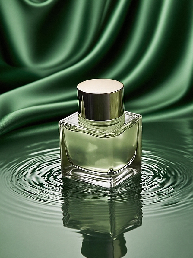 绿色绸缎褶皱背景，底部添加水滴溅起的水波纹动态效果，光影聚焦强化瓶身渐变色彩与高端质感，华贵精致氛围