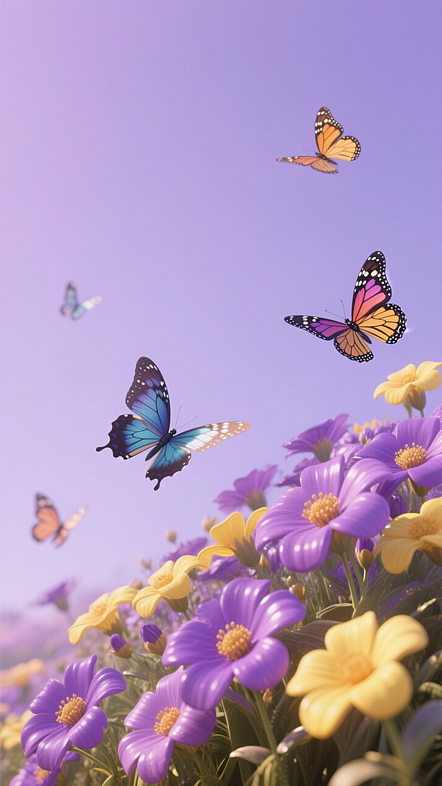 紫色和黄色的花生长在图片底部边角，蝴蝶在飞，插画风格，淡紫色背景，