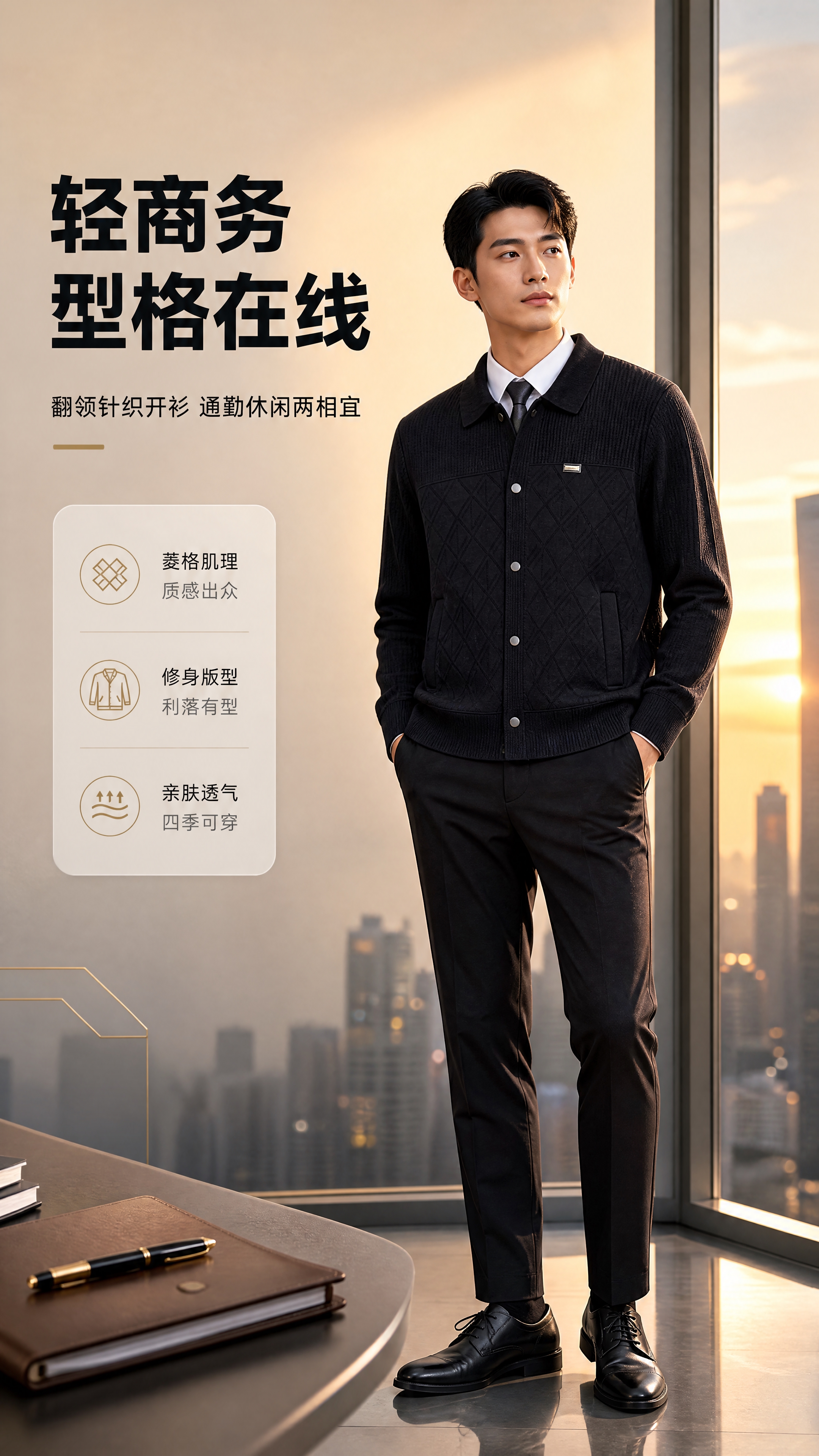 [商品] 使用【图1】男士黑色翻领针织开衫夹克；商品处理：保留… - 图片创意预览