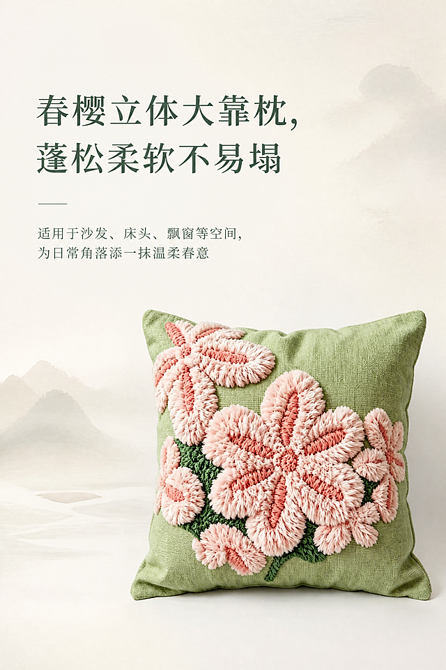 淘宝电商详情页首屏，宽790像素，简约中式风，无桃花背景，保留原图春樱立体大靠枕不修改，搭配主标题文案"春樱立体大靠枕，蓬松柔软不易塌"，副标题文案"适用于沙发、床头、飘窗等空间，为日常角落添一抹温柔春意"，排版简约高级，中式留白设计