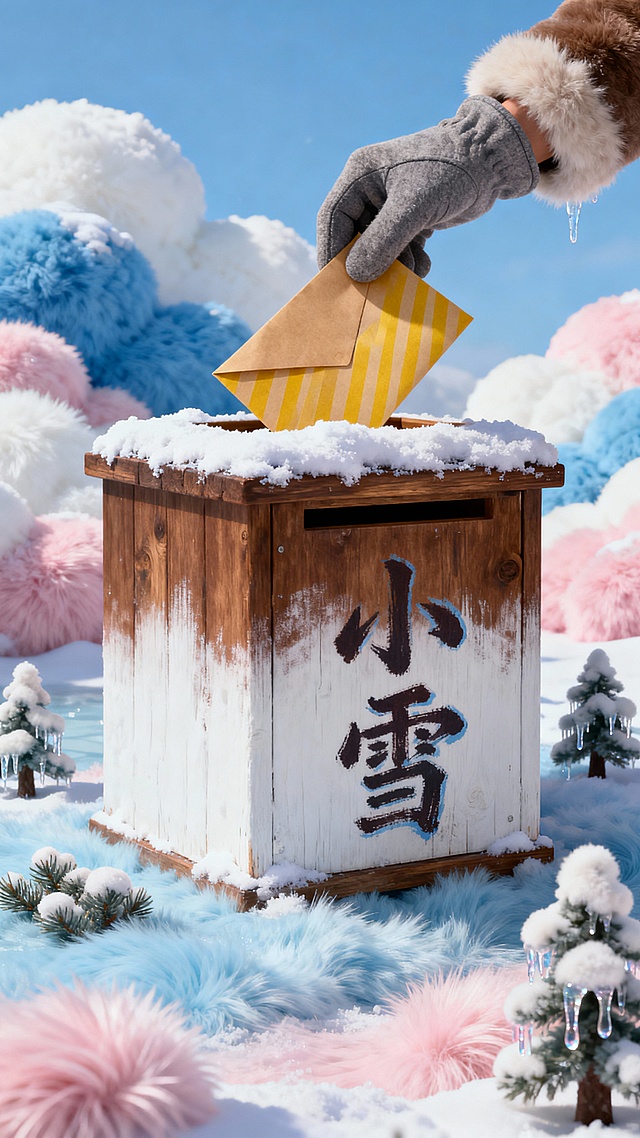梦幻感与甜美感交织的3D微缩艺术场景，毛发生长风营造柔软雪地，卡通风格云朵与小树点缀虚拟自然，手套投递信件，传递“小雪”节气的温馨仪式。