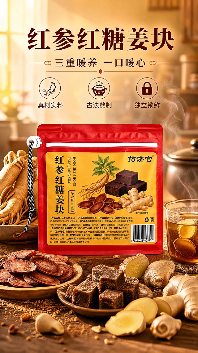 [商品] 使用【图1】药济官红参红糖姜块红色密封袋包装；保留包装整体结构、红黄配色、"药济官"Logo、"红参红糖姜块"主标题、原料插画及净含量信息；包装清晰完整，不改变文字与图案。
[画面] 目标：建立暖养滋补第一印象，原料包围型头图。产品包装袋居中偏下，占画面约 55%；周围环绕真实红参片、老红糖块、新鲜生姜、一杯冒着热气的姜茶；前景散落姜块与红糖碎，中景产品主体，后景暖光虚化厨房台面；≥3 层环境元素，蒸汽升腾营造温暖氛围。
[视觉] 套系策略：风格=中式暖养滋补商业摄影风；标题字=宋体加粗带衬线，厚重温润；正文字=简洁无衬线体；主色=暖棕红+姜黄色；背景延展=暖黄渐变底+木质纹理桌面，深浅同色系层级；强调色=朱砂红，仅用于小面积标签、引线和图标；标题色=深棕红；正文色=暖深棕；组件=圆角米白底信息卡、细线引线、中式印章式标签；光影=左前侧暖柔光，蒸汽逆光轮廓。
[文字] 上方主标题「红参红糖姜块」（8字），副标题「三重暖养 一口暖心」（8字）；下方 3 个短卖点 icon：「真材实料」「古法熬制」「独立锁鲜」；文字区位于画面上半部分，不遮挡产品包装正面主信息。
[规格] 图片比例 9:16 竖版，4K 分辨率；避免冷蓝/冷灰背景、包装文字错乱、食材不真实、文字过小、极限词。