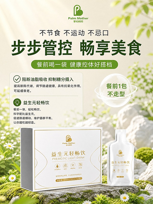 [主图-1] 首图点击率型，益生元轻畅饮产品主视觉海报，突出餐前控体核心卖点。
[统一基调] 清新自然健康风，浅绿+米白为主色调，金色点缀，整体干净通透、温和滋养；字体用简洁黑体，主标题粗体大字深绿色，辅助文字深灰色，强调色用橄榄绿；卡片用圆角半透明白色底，图标用简约线性风格。
[画面] 产品包装盒与袋装饮品组合陈列于画面中下部，包装盒在左、袋装在右，均为正面朝向，放置在长满绿色苔藓和白色小雏菊的自然石台上，石台有真实接触阴影。背景为浅米色渐变，右上角和左下角有虚化的绿色叶片作为前景装饰，远处有朦胧的白色山石和绿植，营造自然纯净氛围。产品占画面约55%，完整不切割。
[光影质感] 自然暖阳逆光从左上方洒下，柔和侧前方补光，产品表面有细腻高光，包装材质呈现真实纸质与塑料质感，整体光影柔和通透，有轻微丁达尔光效。
[配色] 主色浅橄榄绿+米白，辅助色深绿+金色点缀，背景浅米色渐变，整体低饱和高明度，健康温和。
[文字版式] 顶部居中放置品牌logo「Palm Mother 掌心妈妈」。主标题分两行：第一行小字「不节食 不运动 不忌口」，第二行超大粗体字「步步管控 畅享美食」。主标题下方绿色圆角胶囊标签内文字「餐前喝一袋 健康控体好搭档」。画面左侧中部有勾选图标+卖点文字「阻断油脂吸收 抑制糖分摄入」，下方灯泡图标+产品名「益生元轻畅饮」及简短说明。右侧有透明气泡装饰内写「餐前1包 不走型」。文字均放在负空间，不遮挡产品主体。
[输出要求] 比例3:4，2K分辨率，文字清晰可读，产品清晰完整；禁止变形、错字、模糊、杂乱、水印、平台Logo、绝对化用语、医疗功效承诺。