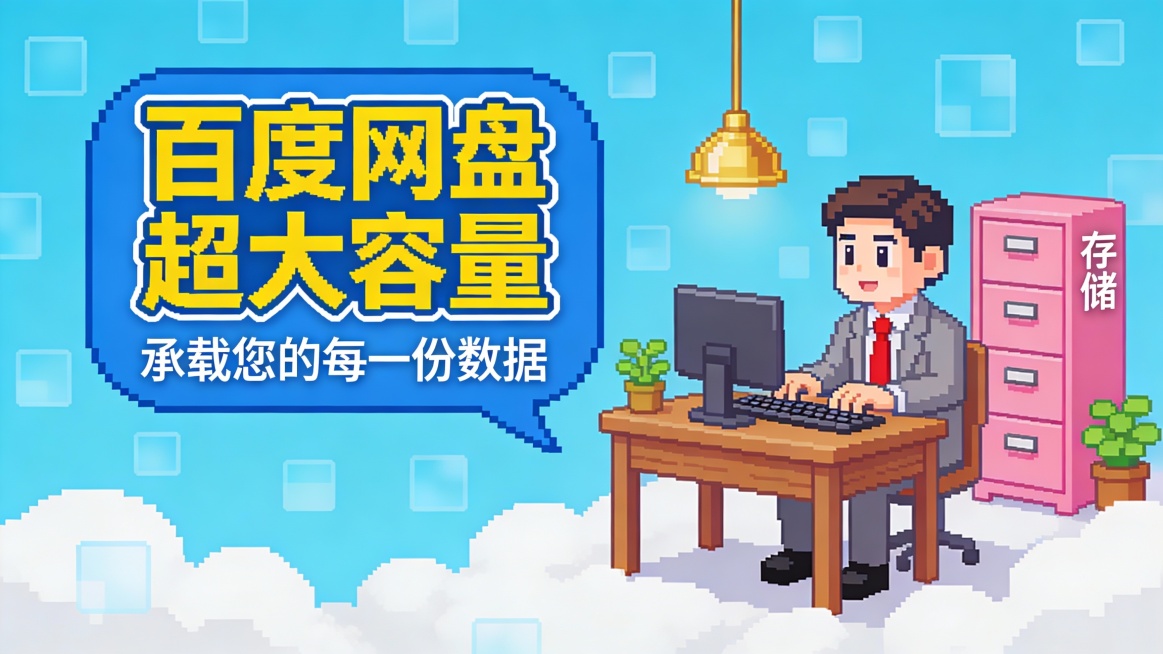 这是一张竖版像素风（Pixel Art）商业推广图，采用复古游戏风格与现代信息结合的设计语言。主色调为明亮天蓝背景搭配白色云朵、棕色木质家具与粉色文件柜，营造轻松活泼又具专业感的办公场景。画面左侧是一预览效果