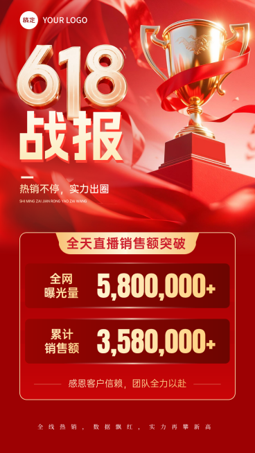 618直播销售业绩喜报红金喜庆感竖版海报预览效果