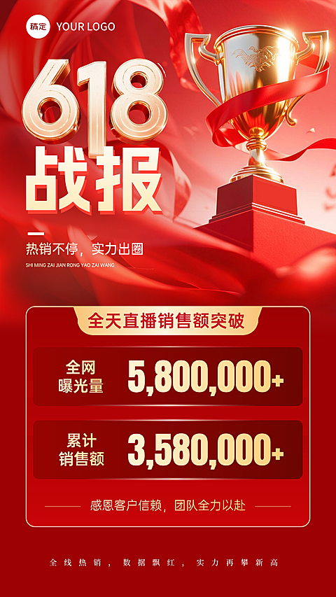 618直播销售业绩喜报红金喜庆感竖版海报