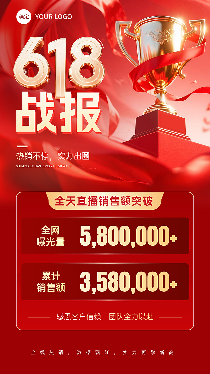 618直播销售业绩喜报红金喜庆感竖版海报