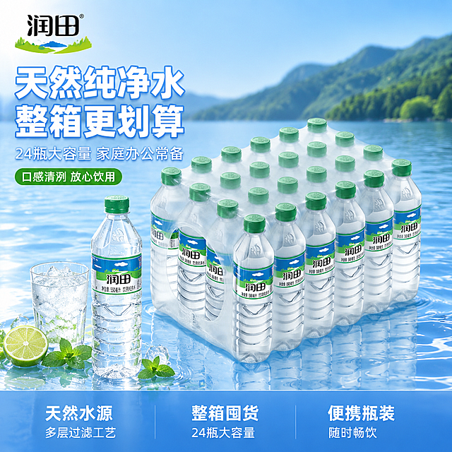 [主图-1] 润田纯净水整箱家庭囤货首图，清爽纯净饮用水场景。
[氛围风格] 清爽干净的饮用水电商风格，自然清新，突出纯净健康的产品特质。
[画质] 商业摄影质感、光线柔和通透、产品清晰真实、画面干净高级。
[元素] 润田饮用纯净水整箱装（24瓶塑封包装）居中偏右摆放，瓶身标签清晰可见，绿色瓶盖整齐排列；左侧前景放置1瓶单独的润田纯净水，瓶身有冷凝水珠，旁边放一只装满水加冰块的透明玻璃杯，杯壁有水雾凝结，旁边点缀几片新鲜薄荷叶和青柠片。背景是浅蓝渐变的纯净水面，水面有轻微涟漪，远处有模糊的自然山林剪影，营造天然水源地氛围。左上角放置润田品牌Logo（从产品图提取原品牌字形与蓝绿配色）。**保持润田纯净水整箱及单瓶的外观（即物理结构、材质质感、颜色、标签设计）与输入产品图保持绝对一致，杜绝任何变形和色差，精细化处理**。商品主体占比约70%；画面满屏无边框。
[光影] 自然柔光从左上方照射，瓶身有通透的高光，水面有柔和反光，整体明亮干净，阴影柔和不生硬，突出水的清透明亮质感。
[配色] 主色天空蓝与水蓝渐变；辅色白色、品牌绿；强调色青柠绿。
[视角构图] 平视略偏俯视，产品为视觉中心；前中后景分层，景深中等，前景玻璃杯与薄荷叶做虚化引导视线至主体整箱水。
[文字版式] 左侧负空间左对齐留安全边距，三行主辅文案不压产品外轮廓。大字主文案："天然纯净水 整箱更划算"，白色最大号粗体无衬线字，加轻微蓝色描边；辅助短句："24瓶大容量 家庭办公常备"，约半高、白色略浅。下方绿色圆角小标签："口感清冽 放心饮用"。底部通栏半透明渐变蒙层均分三列，列内上短句下说明左对齐：列一「天然水源」「多层过滤工艺」列二「整箱囤货」「24瓶大容量」列三「便携瓶装」「随时畅饮」；上层短句同字号、下层说明同字号，上层更重，白字与蓝底强反差，现代无衬线。
[输出要求] 1:1比例，文字清晰锐利，画面超高清商业摄影质感。
[负向提示词] 变形，文字错乱，产品图模糊，背景杂乱，水印，电商平台Logo，多余的手，多余的手指，畸形手，融合手指，手部扭曲，肢体穿模，人物面部扭曲，关节反折。