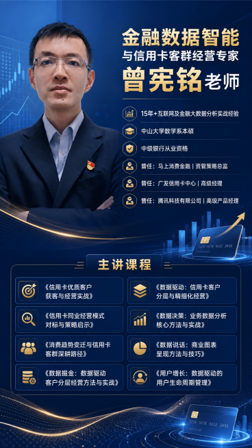 生成一张讲师介绍海报，左侧放置人物照片，右侧展示讲师信息：大字体标题"金融数据智能与信用卡客群经营专家 曾宪铭老师"，然后依次介绍：15年+互联网及金融大数据分析实战经验，中山大学数学系本硕，中级银行预览效果