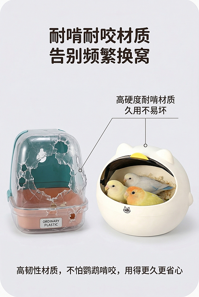 ins简约萌趣风，严格还原鹦鹉太空舱鸟窝，产品比例协调。主视觉为左右对比布局，左侧为普通塑料鸟窝被啃咬变形、破损的状态，右侧为本款鹦鹉太空舱鸟窝完好无损的状态，中间放置米白色鸟窝，搭配“高硬度耐啃材质 久用不易坏”的标注，背景为浅灰渐变，对比鲜明。居上居中放置主标题“耐啃耐咬材质 告别频繁换窝”，居下居中放置副标题“高韧性材质，不怕鹦鹉啃咬，用得更久更省心”，文字采用圆润无衬线字体，排版对比清晰，有说服力，高清质感。禁止修改产品材质表现；禁止模糊产品外观；禁止对比场景失真；禁止产品比例失调；禁止添加无关元素；禁止风格割裂
