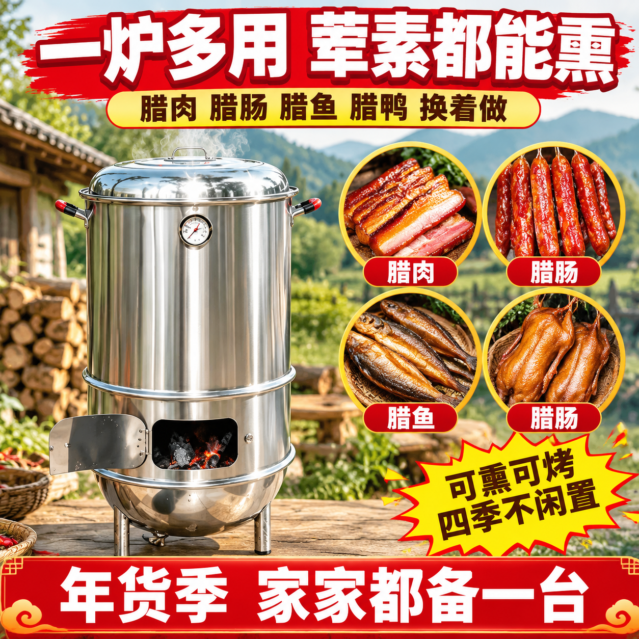 [主图-6] 一炉多用/持续使用价值图：熏腊肉、腊肠、腊鱼、腊… - 图片创意预览