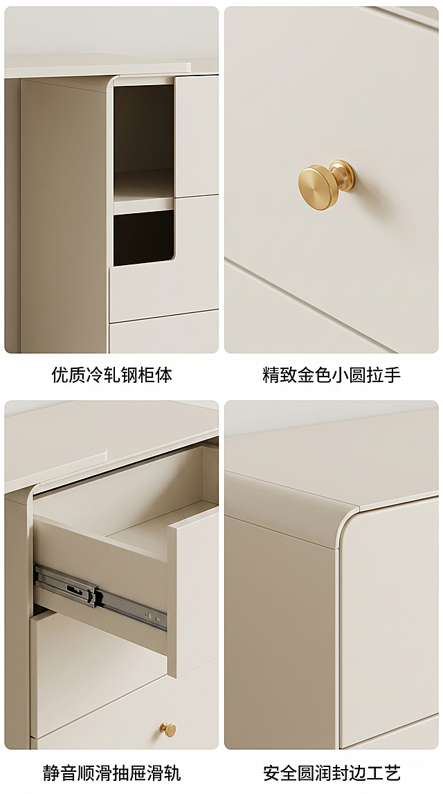 详情页第三屏：材质工艺细节展示，现代简约奶油风。氛围：高级质感，专业可信。画质：商业摄影质感，高清清晰锐利。元素：采用全屏多宫格布局，展示四个关键细节：1.钢制柜体材质切面，2.金色小圆拉手，3.静音抽屉滑轨，4.圆润圆角封边。每个细节一张特写图，配短文字说明，保持产品材质颜色和结构一致，无变形色差。光影配色：和前面页面保持一致，柔和自然光，低饱和奶油风。文字：每个细节标注清晰，不添加规格尺寸，排版整齐不遮挡主体。比例：3:5，2k分辨率，超高清。负向提示：变形，水印，文字错乱，背景杂乱，规格尺寸。