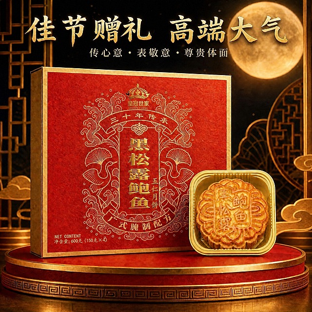将顶部大标题文字从“佳节赠礼 首选皇冠世家”改为“佳节赠礼 高端大气”，字体、颜色、大小、位置、金色质感保持完全一致。包装盒、月饼、背景月亮、中式窗格、展示台、副标题文字等所有其他元素均保持不变，严格保留原图的所有细节和风格