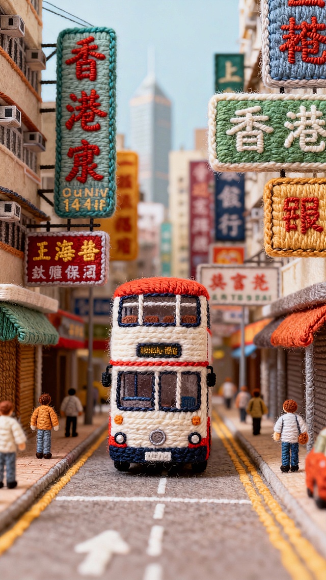复古刺绣风微缩城市街景，手工质感浓厚，卡通趣味十足，中式招牌与双层巴士交织出立体体积感，展现香港街头的独特风情。